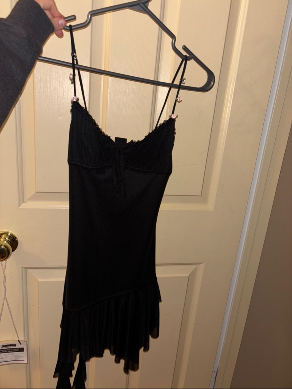 Black Spaghetti Strap with Roses  Ruffle Hem Dress